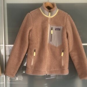 Patagonia woman's Tan Fleece Jacket with Yellow Trim
